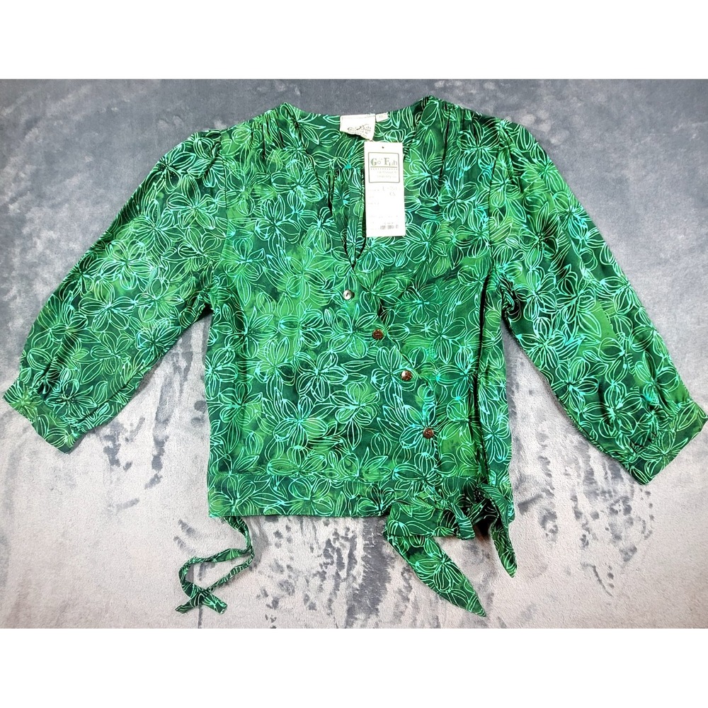 Go Fish Wrap Top W/ Button Green Floral Rayon Resort Beach Hawaiian Sz XS